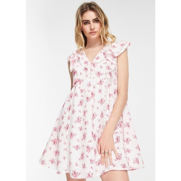 NWT River Island Frill Smock Mini Dress in Pink - Picture 1 of 8